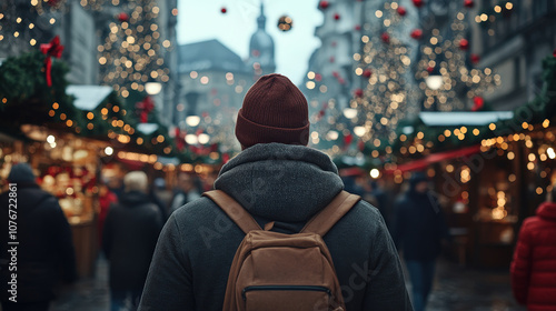 A Festive Scene Capturing the Dynamic Atmosphere of a Bustling Holiday Market, Filled with Lights, Decorations, and Joyful Shoppers Amidst a Winter Wonderland