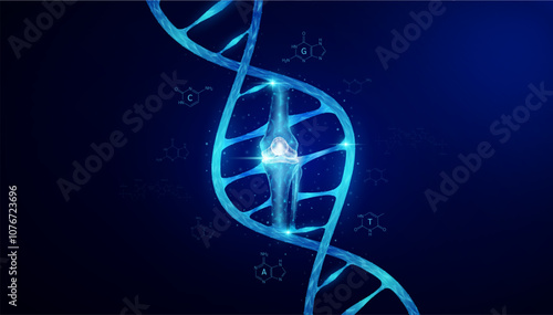 Knee joint bone in DNA gene cell double helix blue. Genetic synthetic biology combined. Anatomy organ glowing polygonal. Code analysis thymine, adenine, guanine, cytosine. Medical science vector.