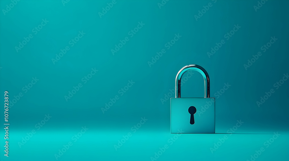 Fototapeta premium Minimalistic Image Of A Chrome Padlock On A Solid Teal Background, Symbolizing Security, Privacy, And Protection. Generative AI