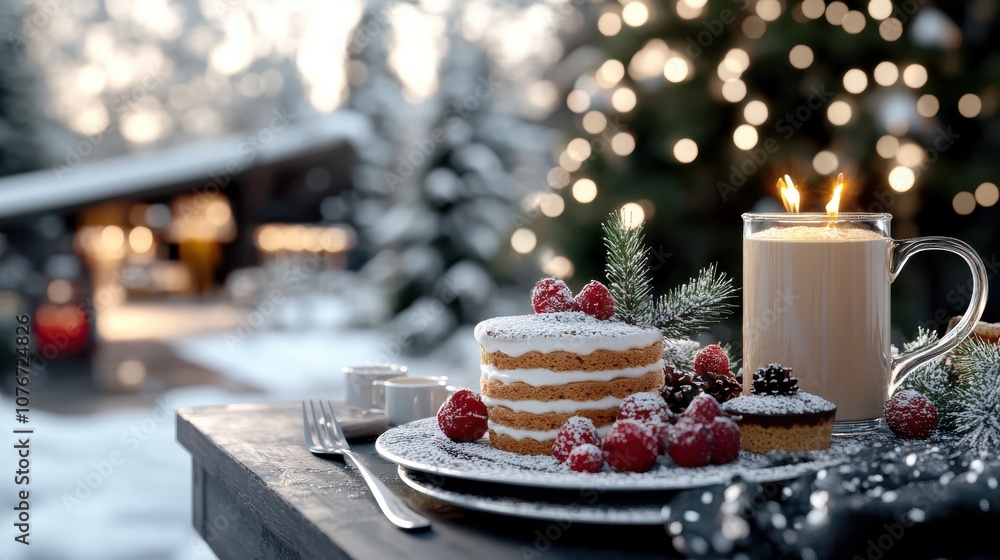 A cozy winter scene of a delicious layered cake dusted with powdered sugar, accompanied by a steaming glass of coffee, amidst a snowy outdoor background, perfect for a warm treat. A cozy winter scene of a delicious layered cake dusted with powdered sugar, accompanied by a steaming glass of coffee, amidst a snowy outdoor background, perfect for a warm treat.