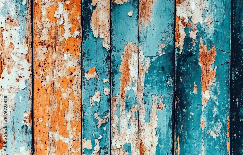 This image features a close-up of weathered wooden planks, showcasing a mix of blue and orange paint with peeling layers, highlighting the beauty of rustic textures and colors. This image features a close-up of weathered wooden planks, showcasing a mix of blue and orange paint with peeling layers, highlighting the beauty of rustic textures and colors.