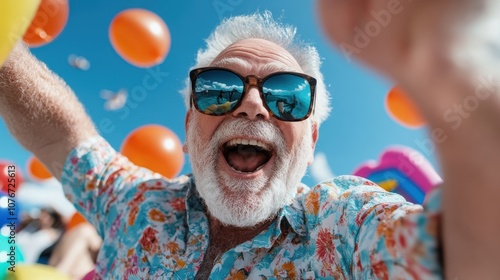 An elderly man, exuberant and full of joy, is captured in a colorful celebration setting with bright balloons and reflective sunglasses on a vibrant day.