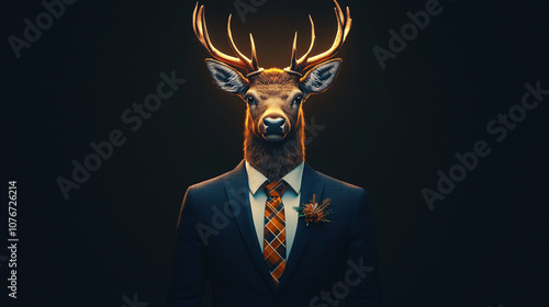 A deer in a tailored suit standing confidently in a dramatic spotlight, exuding elegance and surrealism. The image can be used for formal or whimsical concepts.