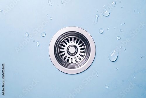 Top View of Polished Kitchen Sink Drain with Water Droplets and Reflection photo