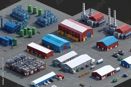 Vibrant Low Poly Industrial Complex Featuring Factories Storage Facilities and Office Spaces in 3D Metropolis