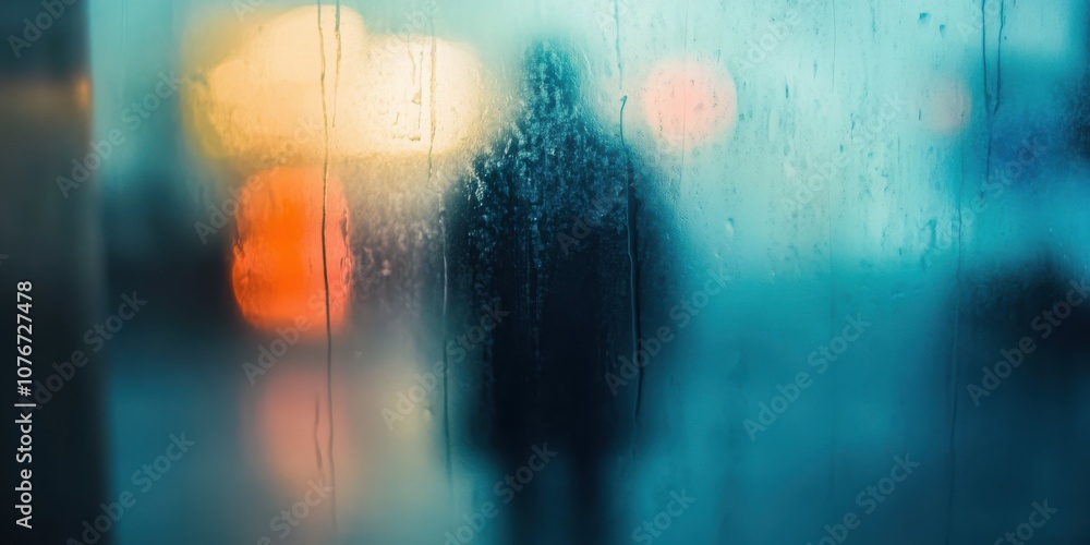 Naklejka premium man through frosted glass or a translucent surface, blurring the subject behind it into soft shapes and shadows