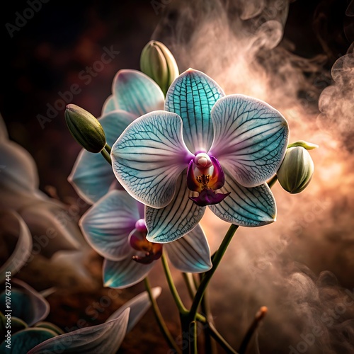 a few light blue orchids in front of a softly blurred background