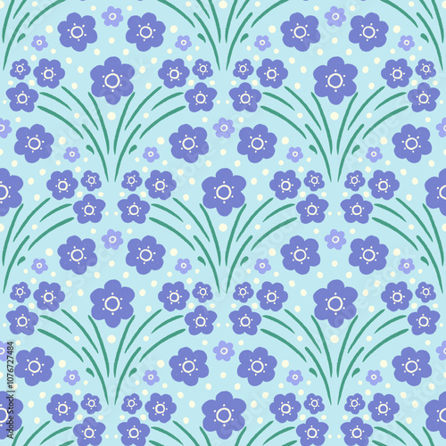 Floral arch seamless pattern. Scallop half circle geometrical botanical ornament. Art nouveau stylized hand drawn small purple  flowers on blue background. Repeat bouquets allover backdrop