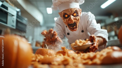 A terrifying zombie chef in a kitchen, dressed in a traditional chef jacket, intimidatingly prepares a spooky pumpkin-themed meal with glowing red eyes and eerie ambiance. photo