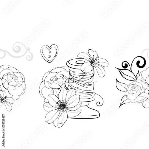 Vintage spool of thread with romantic flower and buttons, pins. Sewing tools seamless background, pattern for printing, fabric, decor. Graphic vector line, hand drawn, black silhouette