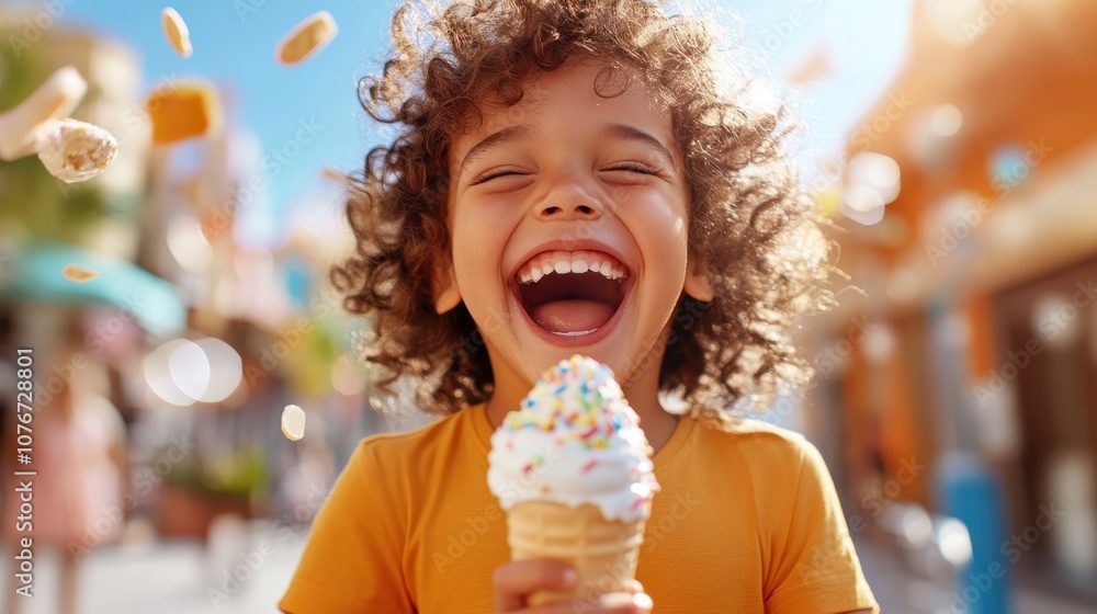 A joyful child holding an ice cream cone with sprinkles, laughing heartily in an outdoor setting, featuring a blurred and colorful sunny background full of warmth. A joyful child holding an ice cream cone with sprinkles, laughing heartily in an outdoor setting, featuring a blurred and colorful sunny background full of warmth.