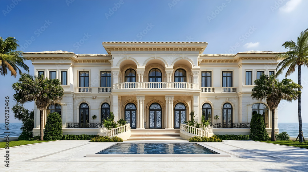 Obraz premium Florida Keys oceanfront villa with private marina and tropical gardens, modern Mediterranean estate with sunset views