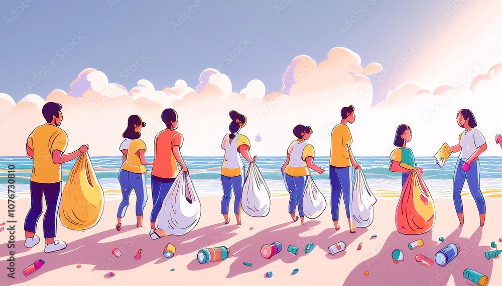 A beach clean-up scene with volunteers picking up trash to save marine life A beach clean-up scene with volunteers picking up trash to save marine life