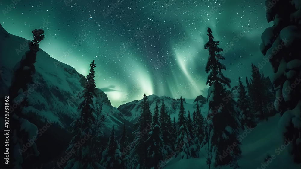 Northern Lights over a snow-covered forest, star-filled sky Northern Lights over a snow-covered forest, star-filled sky