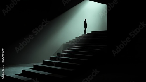 A person is standing on a staircase in a dark room