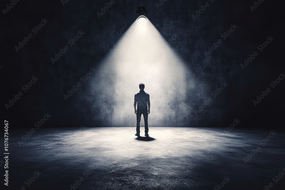 Dramatic Spotlight on Solitary Figure in Dark Room Creating Intense Atmosphere and Mysterious Mood Dramatic Spotlight on Solitary Figure in Dark Room Creating Intense Atmosphere and Mysterious Mood
