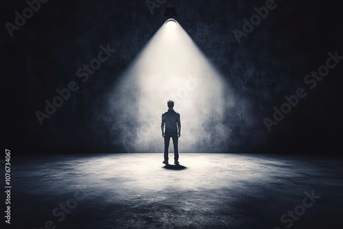 Dramatic Spotlight on Solitary Figure in Dark Room Creating Intense Atmosphere and Mysterious Mood photo