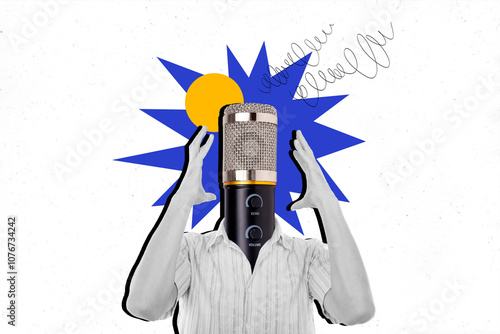 Picture collage poster of worried nervous faceless guy irritated loud voice sound microphone isolated on drawing background photo