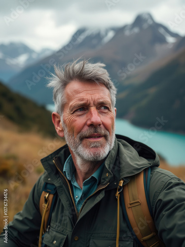 A senior man stands on a hillside, taking in breathtaking views of the surrounding mountains and a tranquil turquoise lake. He wears a warm jacket and carries a backpack, fully immersed in natures bea