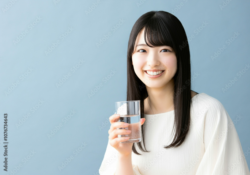 水の入ったグラスを持つ女性、笑顔