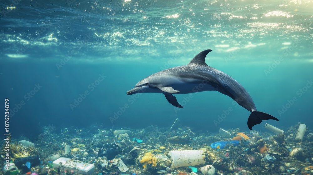Obraz premium A dolphin swims through polluted waters filled with trash, highlighting the urgent issue of ocean pollution and its impact on marine life.