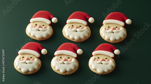 Holiday-themed cookies in the shape of Santa Claus on a green background, perfect for festive advertisements. photo