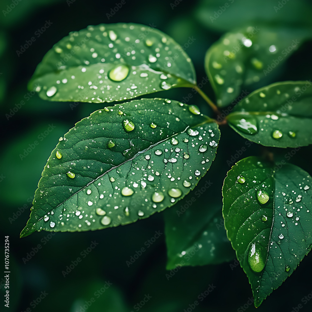 close up of green leaves adorned with water droplets, showcasing nature beauty and freshness. vibrant greens and glistening droplets create serene and refreshing atmosphere close up of green leaves adorned with water droplets, showcasing nature beauty and freshness. vibrant greens and glistening droplets create serene and refreshing atmosphere