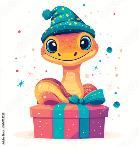 
Chinese New Year 2025 and Christmas cartoon illustration of a cheerful snake peeking out from a gift box. Delivery of gifts. Year of the Snake 2025 art, sticker, print, poster. Birthday fun print.