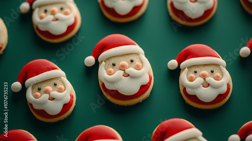 Holiday-themed cookies in the shape of Santa Claus on a green background, perfect for festive advertisements. photo