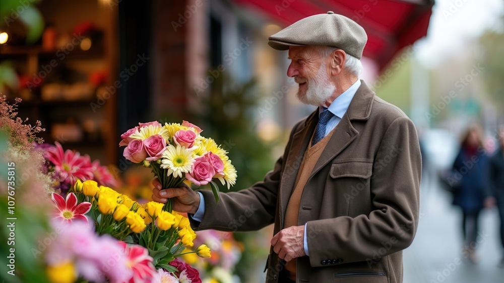 An older gentleman in a stylish coat and cap smiles while choosing a bouquet of vibrant flowers outside a charming flower shop. The setting is lively with blossoms and shoppers, capturing a delightful An older gentleman in a stylish coat and cap smiles while choosing a bouquet of vibrant flowers outside a charming flower shop. The setting is lively with blossoms and shoppers, capturing a delightful