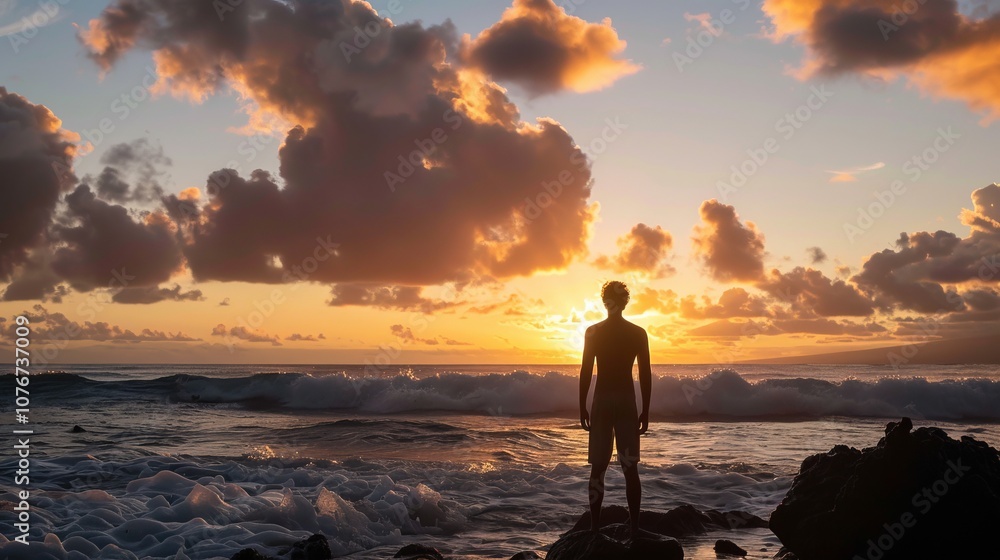 Obraz premium Silhouette of a Person Standing on Rocky Beach at Sunset with Dramatic Clouds