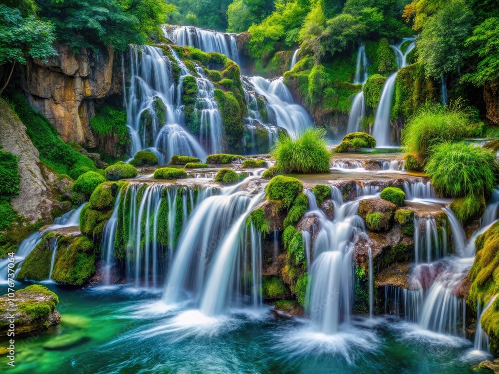 Fototapeta premium Stunning Macro Photography of a Waterfall Flowing Over Rocks in Nature's Serenity