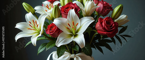 A bouquet of red roses and white lilies is arranged on a table. The red roses are scattered throughout the bouquet, while the white lilies are the main focus. The arrangement is elegant and romantic
