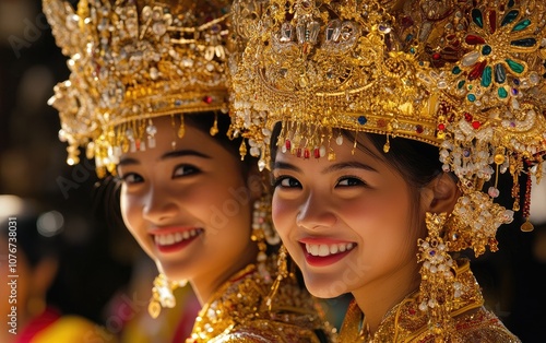 people in traditional Baro dress, decorated with gold and colorful beads, wearing the ornate headdress known as a kampung, smiling at the camera while standing next to each other. photo