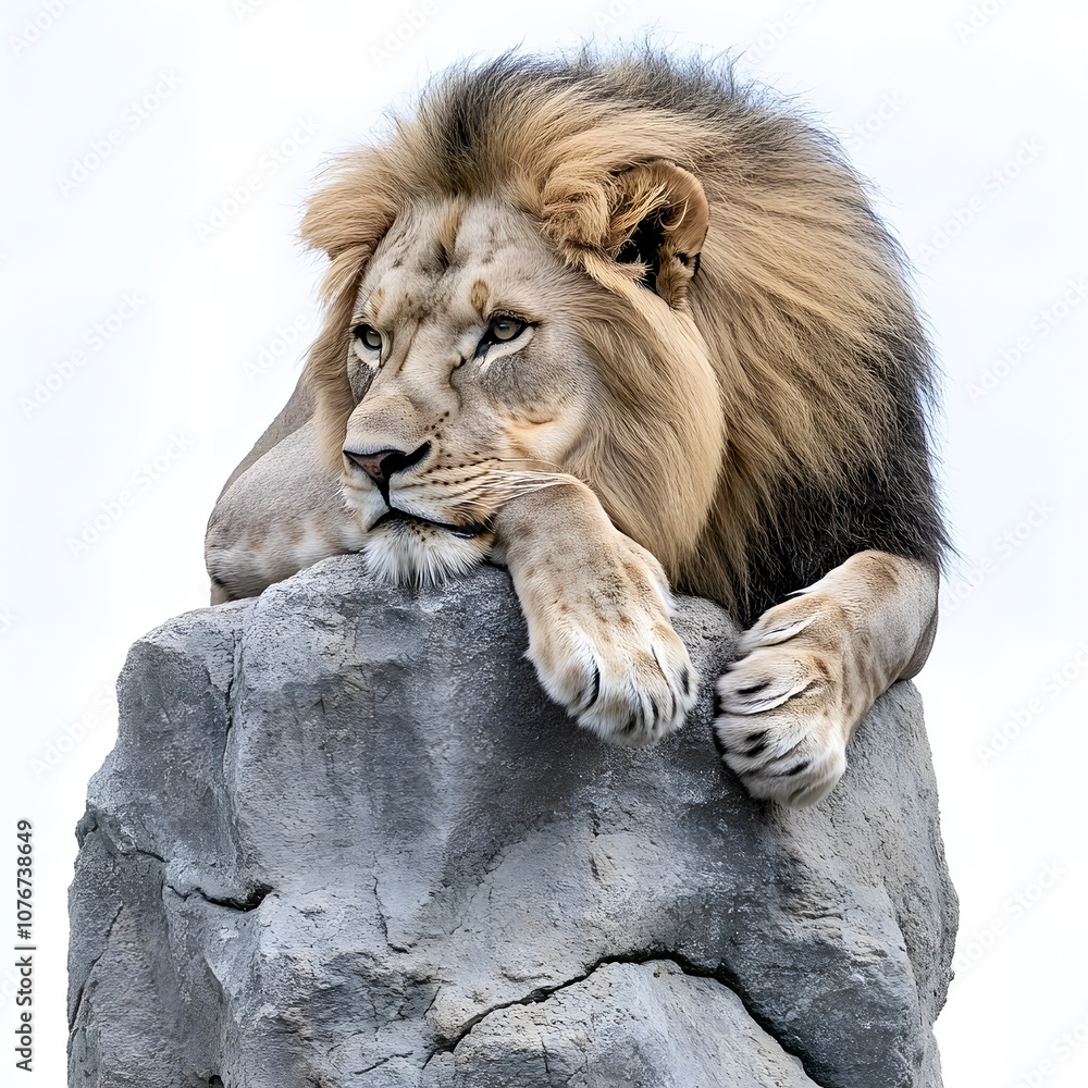 Obraz premium Lion lying on a rock isolated on white background