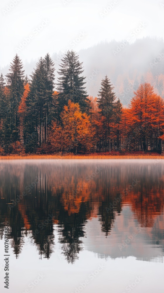 Fototapeta premium still lake reflecting vibrant autumn trees in shades of orange red and yellow