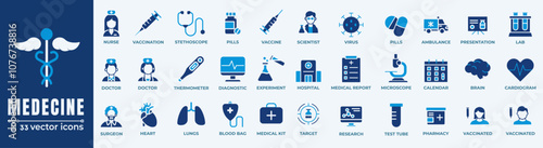 Medical and Healthcare web icons in line style. Medicine, check up, doctor, dentistry, pharmacy, lab, scientific discovery, collection. Vector illustration.