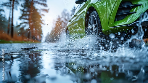 Urban Street Scene of Cars Powering Through Large Puddles Amidst Heavy Rainfall, Capturing the Energy of a Wet, Moody Cityscape photo