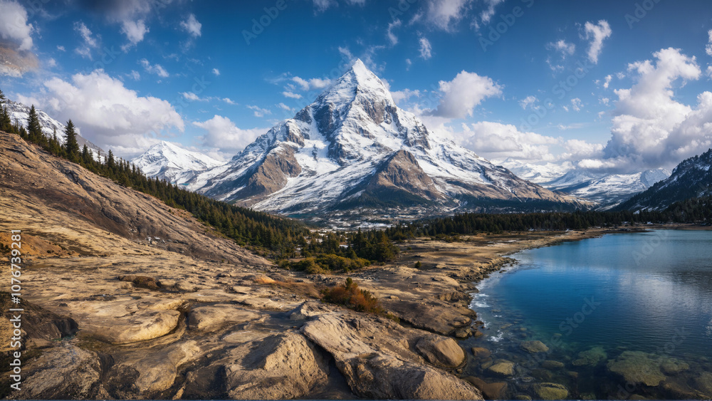 A serene mountain landscape with a snowy peak, surrounded by rugged terrain. A calm reflective lake stretches through the foreground, capturing the beauty of the cloudy sky. A serene mountain landscape with a snowy peak, surrounded by rugged terrain. A calm reflective lake stretches through the foreground, capturing the beauty of the cloudy sky.