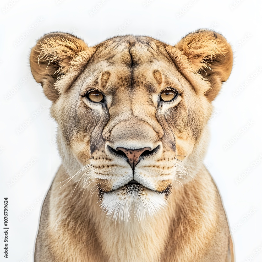 Fototapeta premium Lioness with a neutral expression isolated on white background