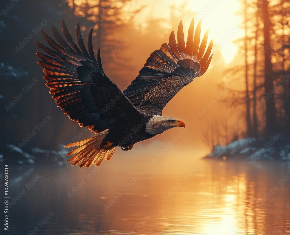 Obraz premium A Bald Eagle soars through the air over a misty river at sunrise, its wings spread wide.