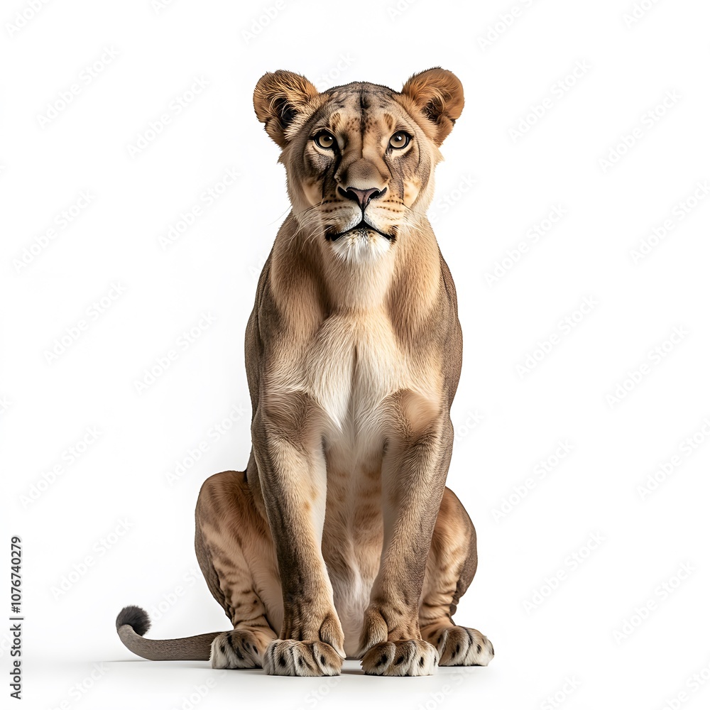Obraz premium Sitting lioness isolated on white background