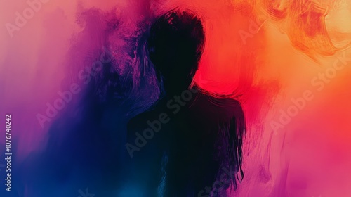 A person is painted in black and white on a colorful background