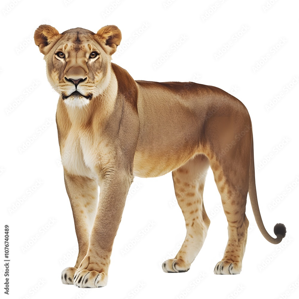 Obraz premium Standing lioness isolated on white background