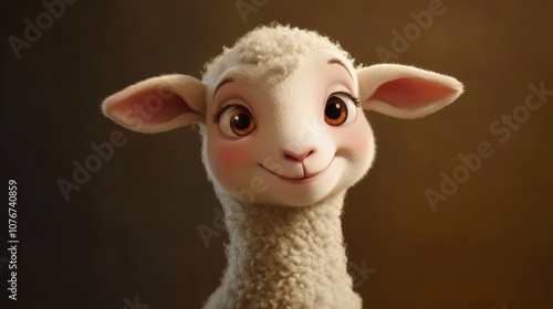 A cute, fluffy cartoon lamb with big eyes and a friendly smile, set against a warm, soft background, perfect for children's themes.