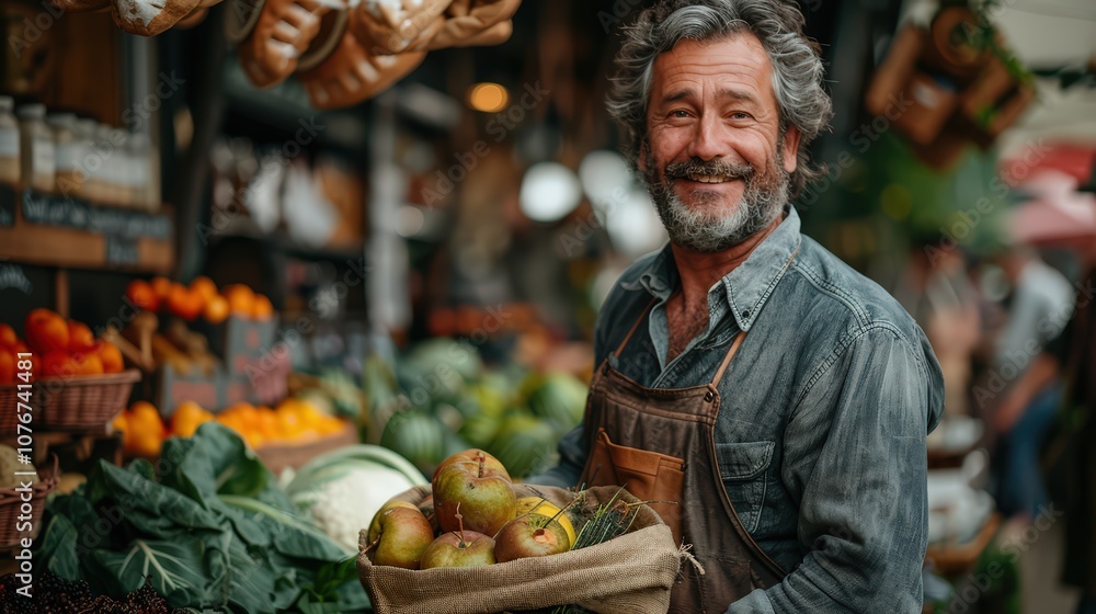 Fototapeta premium Cheerful Street Vendor Selling Sustainable Fruits and Vegetables at Small Farm Market, Filling Recycled Bag with Local Produce