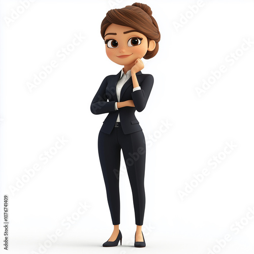  A 3D cartoon businesswoman in a suit with a colorful blouse, standing confidently with her arms crossed. She has a welcoming, cheerful smile, giving off an approachable vibe.