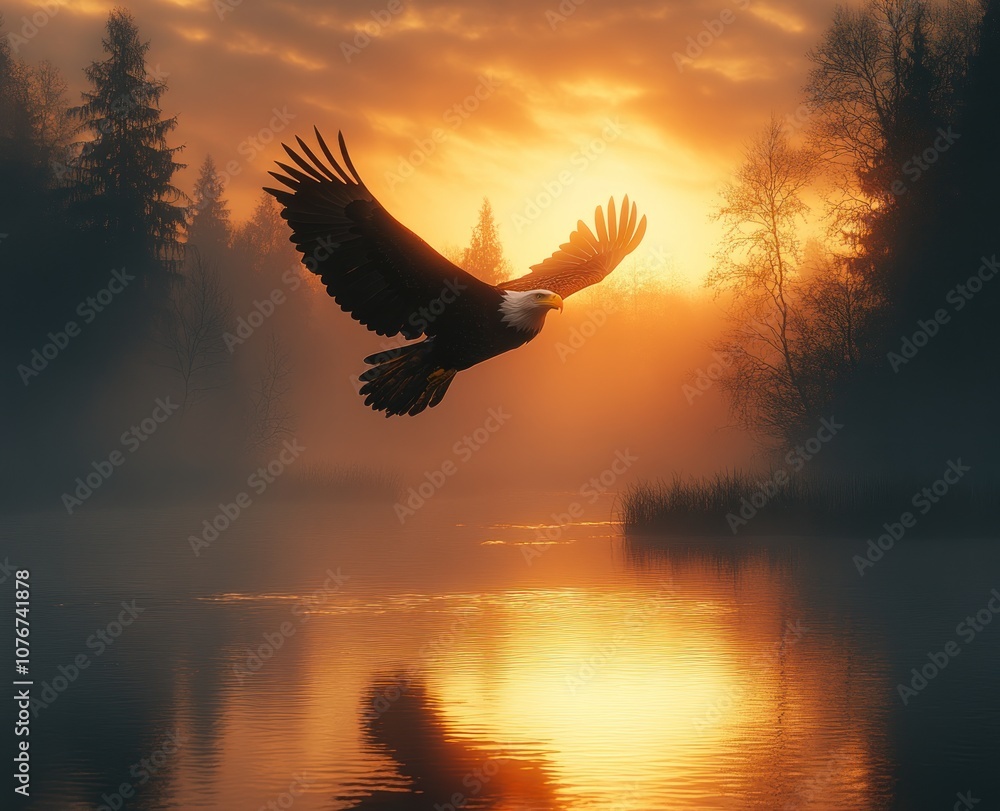 Obraz premium A Bald Eagle soars through a foggy sunrise over a tranquil lake.