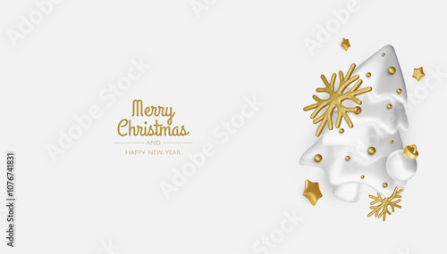 Christmas winter festive composition. Colorful Xmas background realistic 3d decorative design objects, christmas tree, gift boxes, xmas ball, gold confetti. Happy New Year. Vector illustration