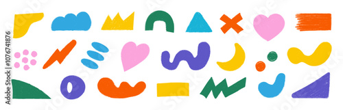 Vector abstract objects and elements set. Texture hand-drawn grunge sketch brush effect. Doodle charcoal geometric collage with irregular organic shapes, heart, crown, cloud, and texture.	
